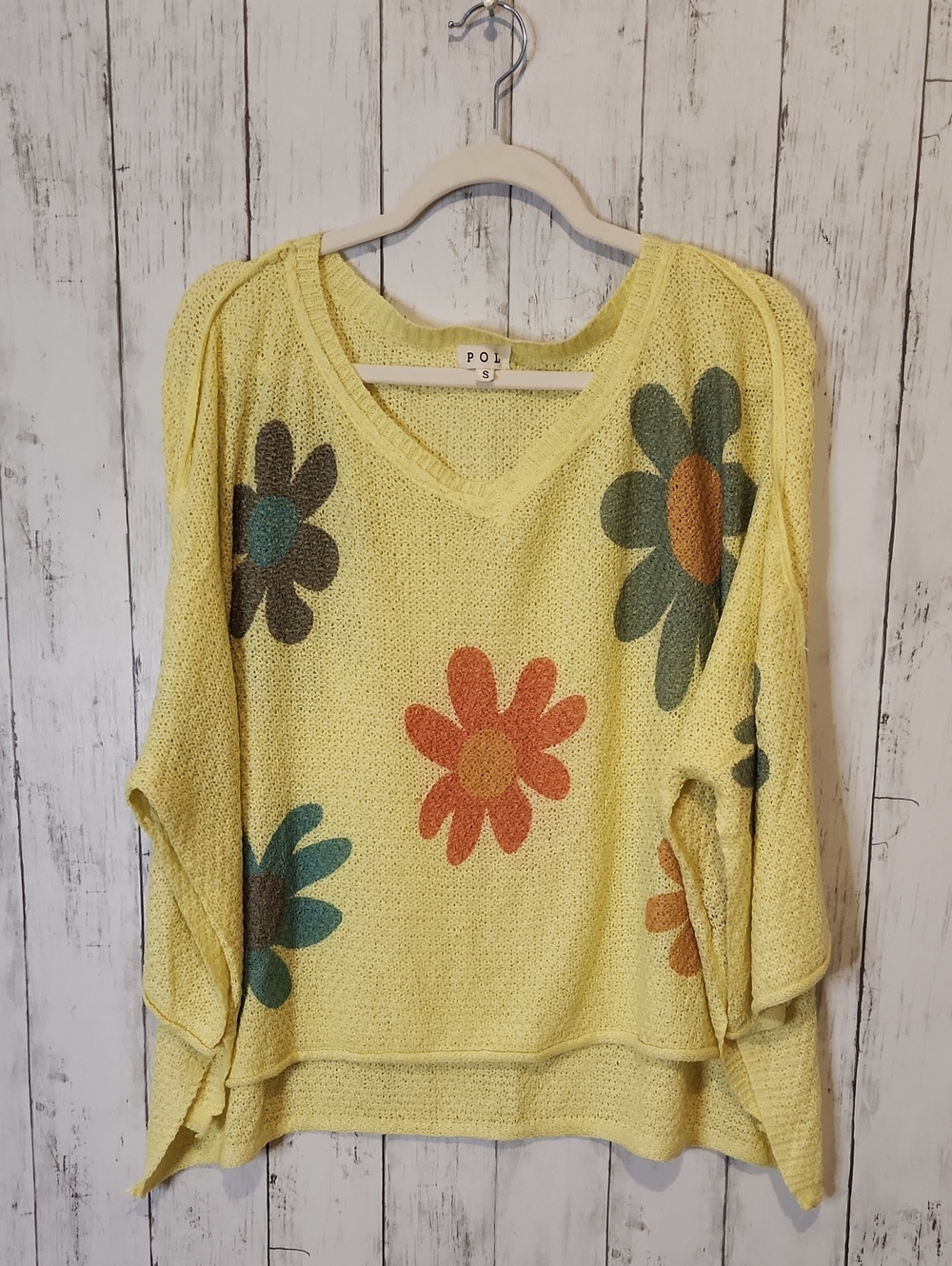 POL Yellow V-Neck Sweater with Multicolor Floral Print